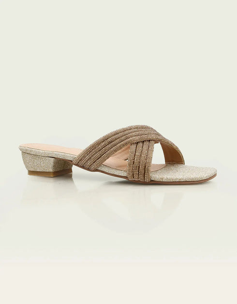 Celesta Gold Block Heels with Glitter Straps – Essence by Rubina